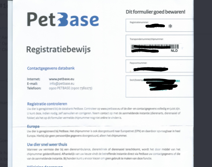 Registratiebewijs PetBase